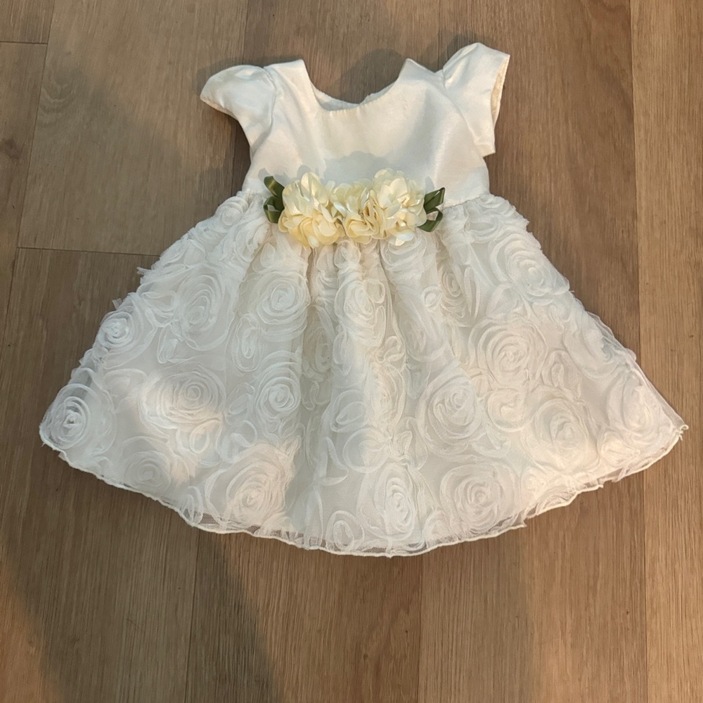 Ivory Floral Baby Dress with Rosette Skirt